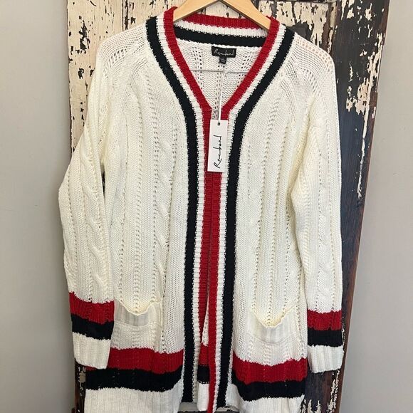 Women’s NWT Racheal open red white and blue cardigan size L. Varsity preppy. - Picture 1 of 9